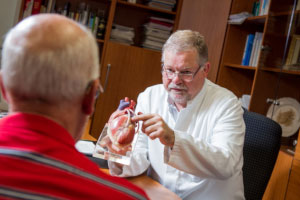 Ein Arzt erklärt das Model eines menschlichen Herzen